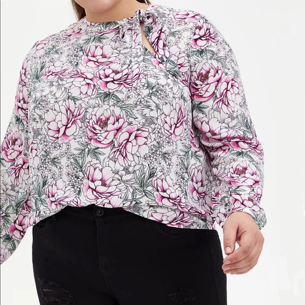 Torrid White Floral Georgette Bow Tie Blouse